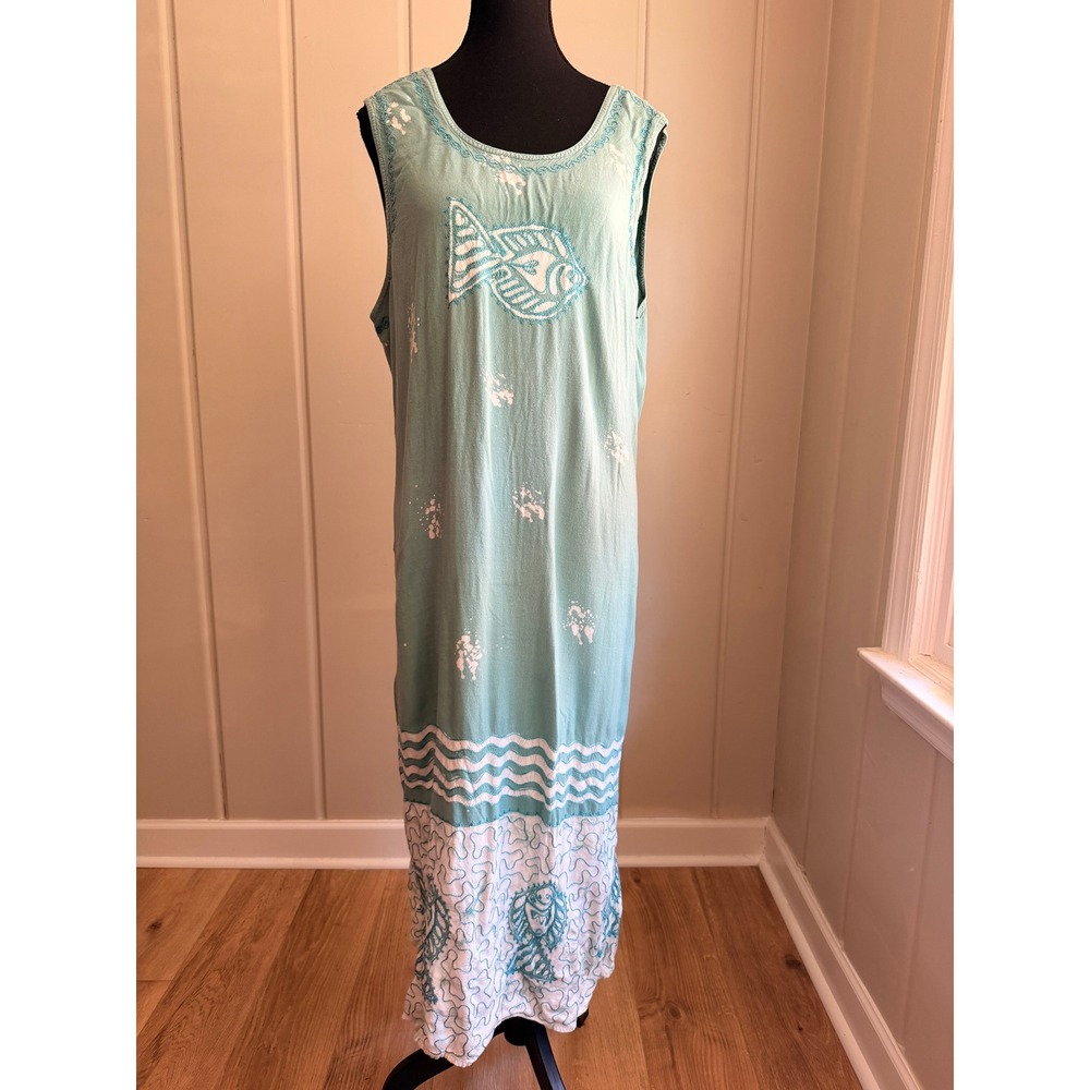 Vintage 90s Flower Rayon Fish Batik Embroidered Maxi Dress Blue XL Bohemian Boho